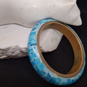 VINTAGE Turquoise Mosaic Inlay Brass Bangle Bracelet Handcrafted